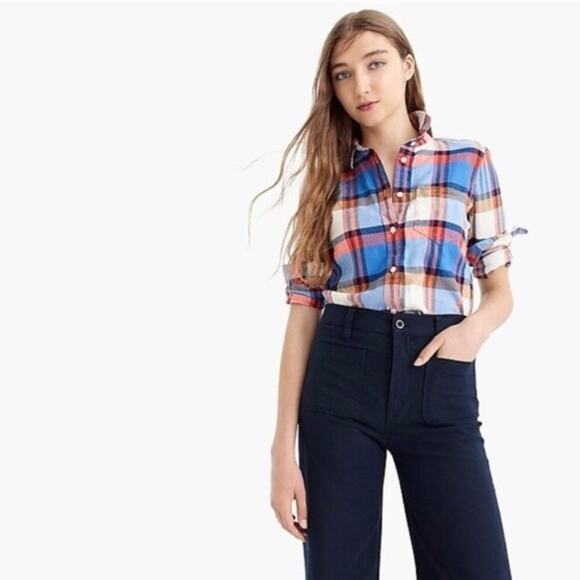 J. Crew Factory Perfect Fit Long Sleeve Plaid Button-down Shirt Blue Women’s XXS - Picture 1 of 8